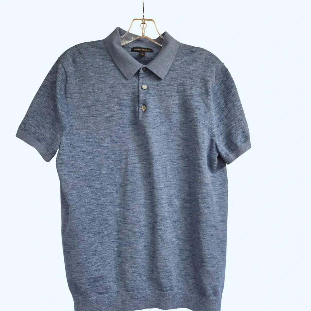 Banana Republic Mens Short‎ Sleeve Knit Polo Shirt Medium Blue Marl Cotton M